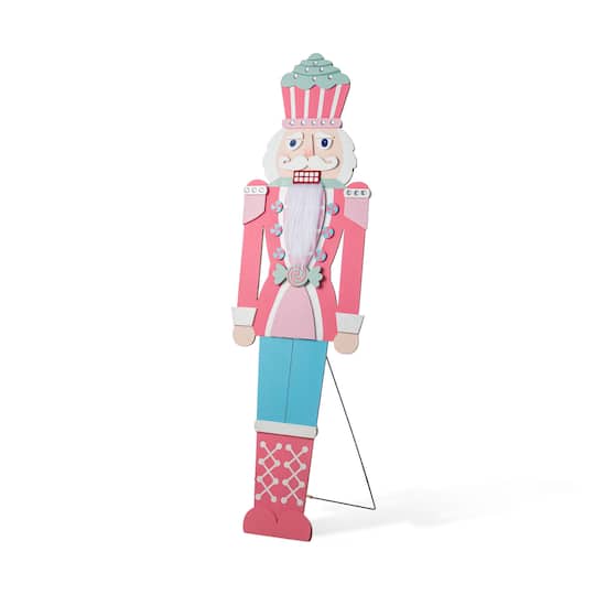 Glitzhome® 60" Christmas Wooden Pink Nutcracker Porch Decor